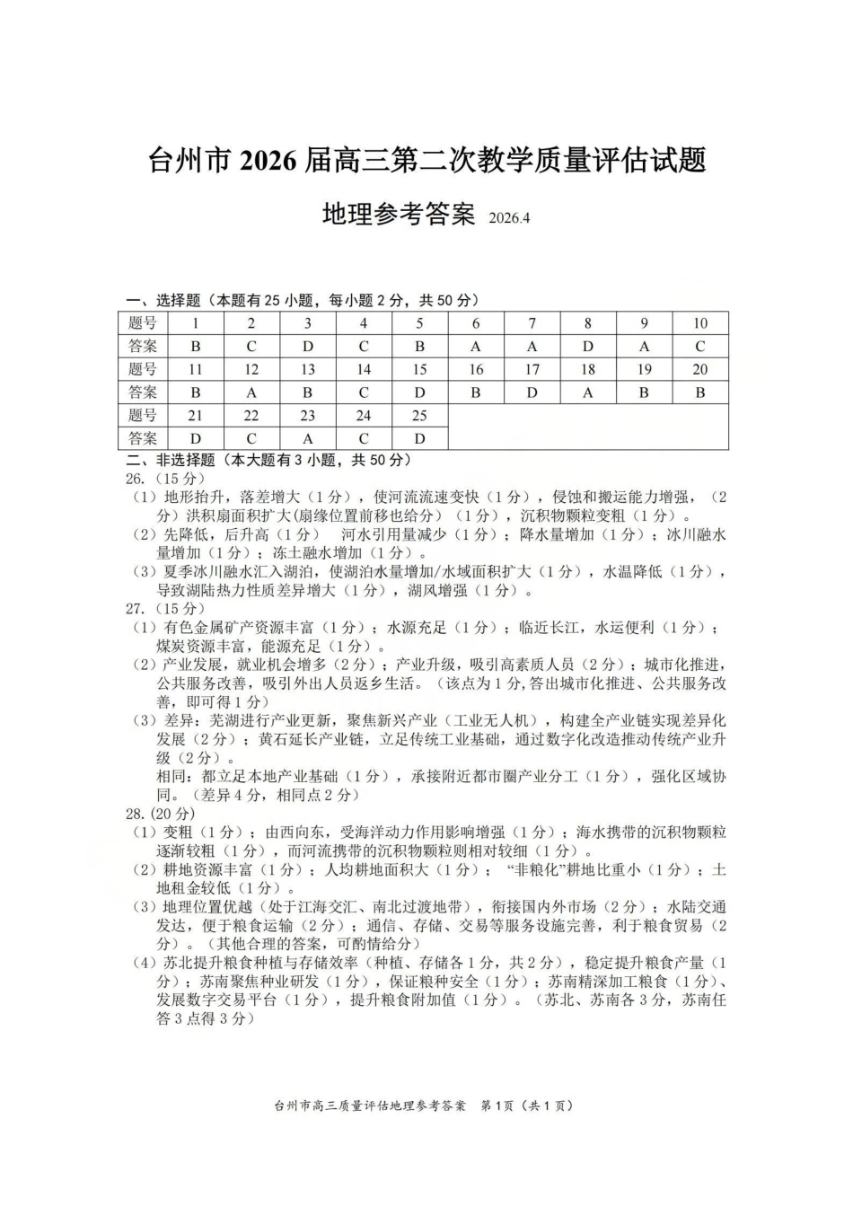 台州市2026届高三第二次教学质量评估试题地理答案.pdf_第1页