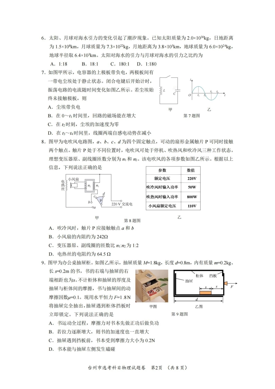台州市2026届高三第二次教学质量评估试题物理.pdf_第2页