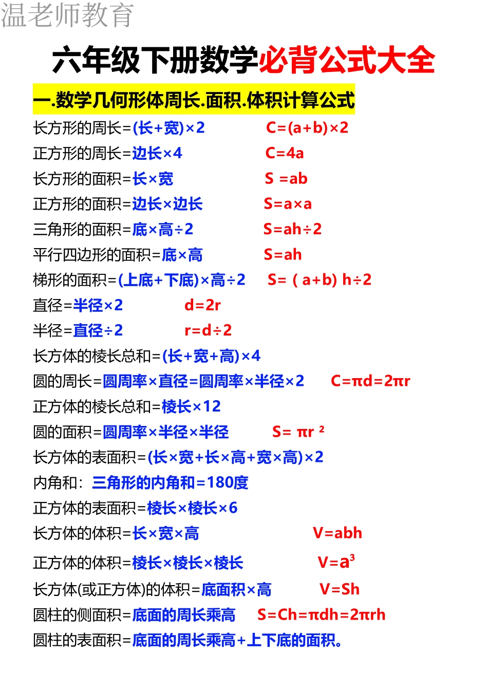 26春六年级下册数学必背公式汇总(2).pdf_第1页