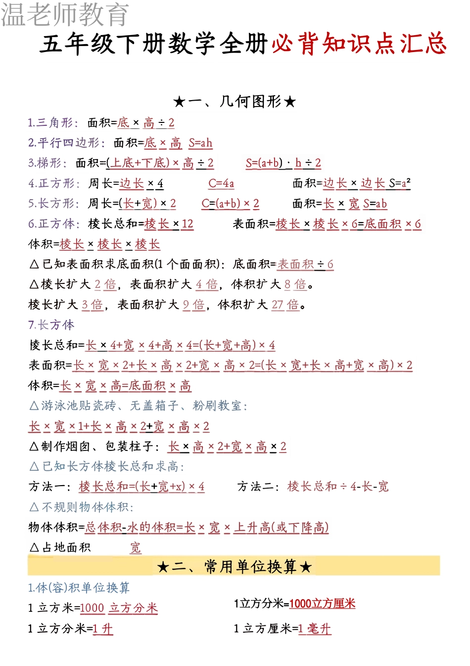 26春五年级下册数学必背公式汇总(2).pdf_第1页