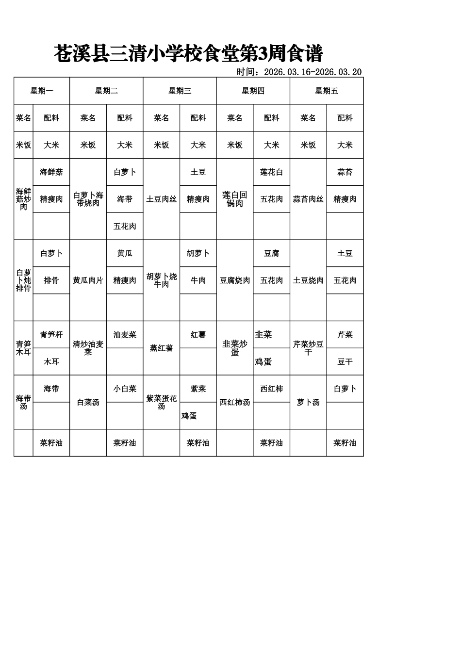 苍溪县三清小学2026年春第3周食谱.xls_第1页