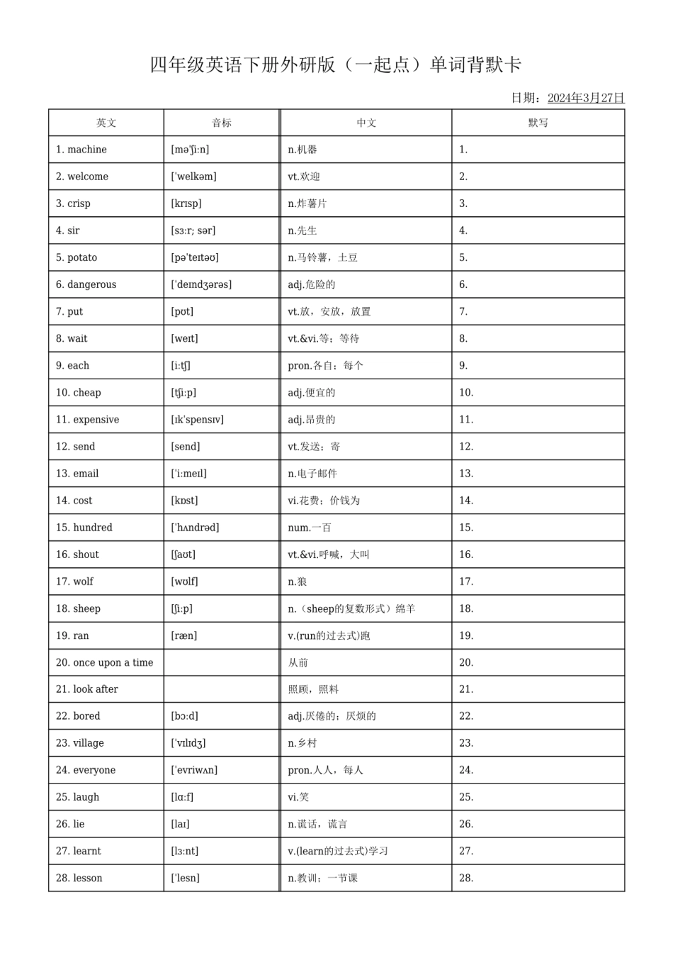 四下英语单词默背卡-【小张老师专属】.pdf_第1页
