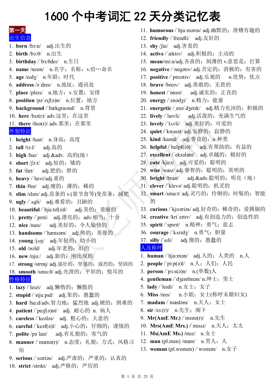 九年级 22天1600个中考词汇背默专项训练（英语）(1).pdf_第1页
