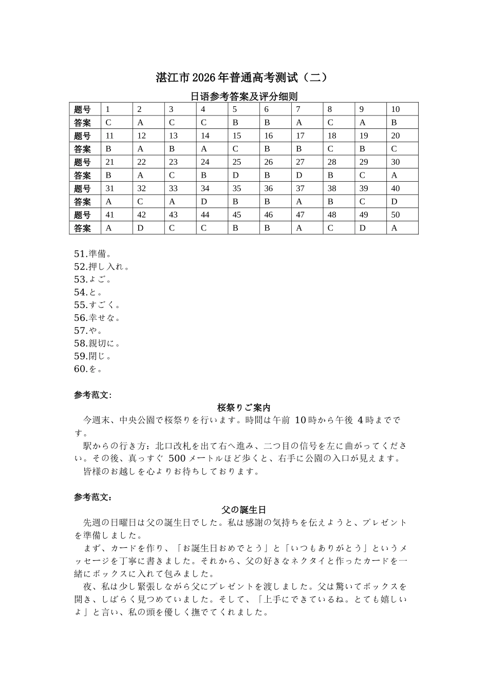 26届4月湛江高三二模日语答案.docx_第1页