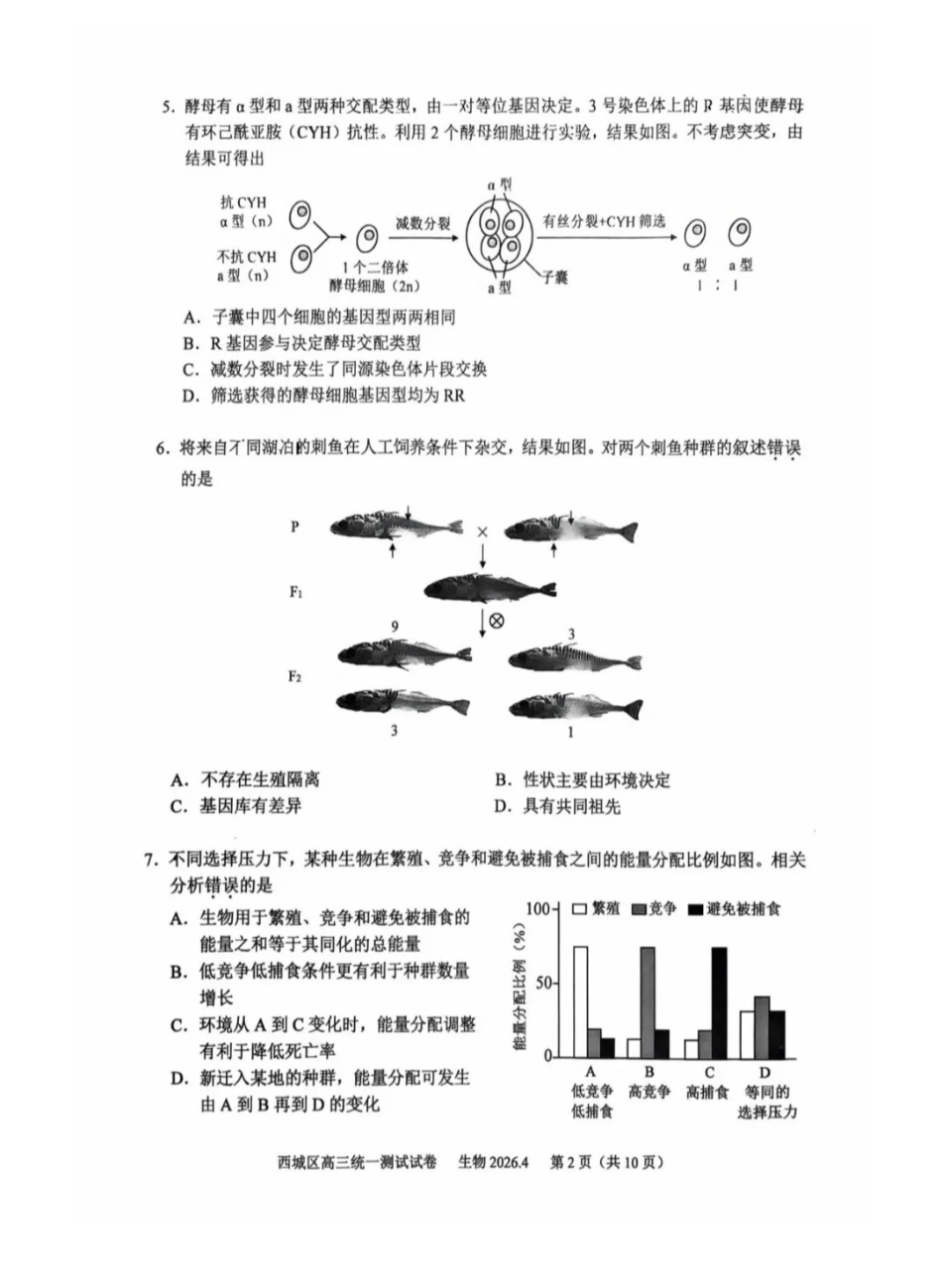 2026北京西城高三一模生物试卷及答案.pdf_第2页