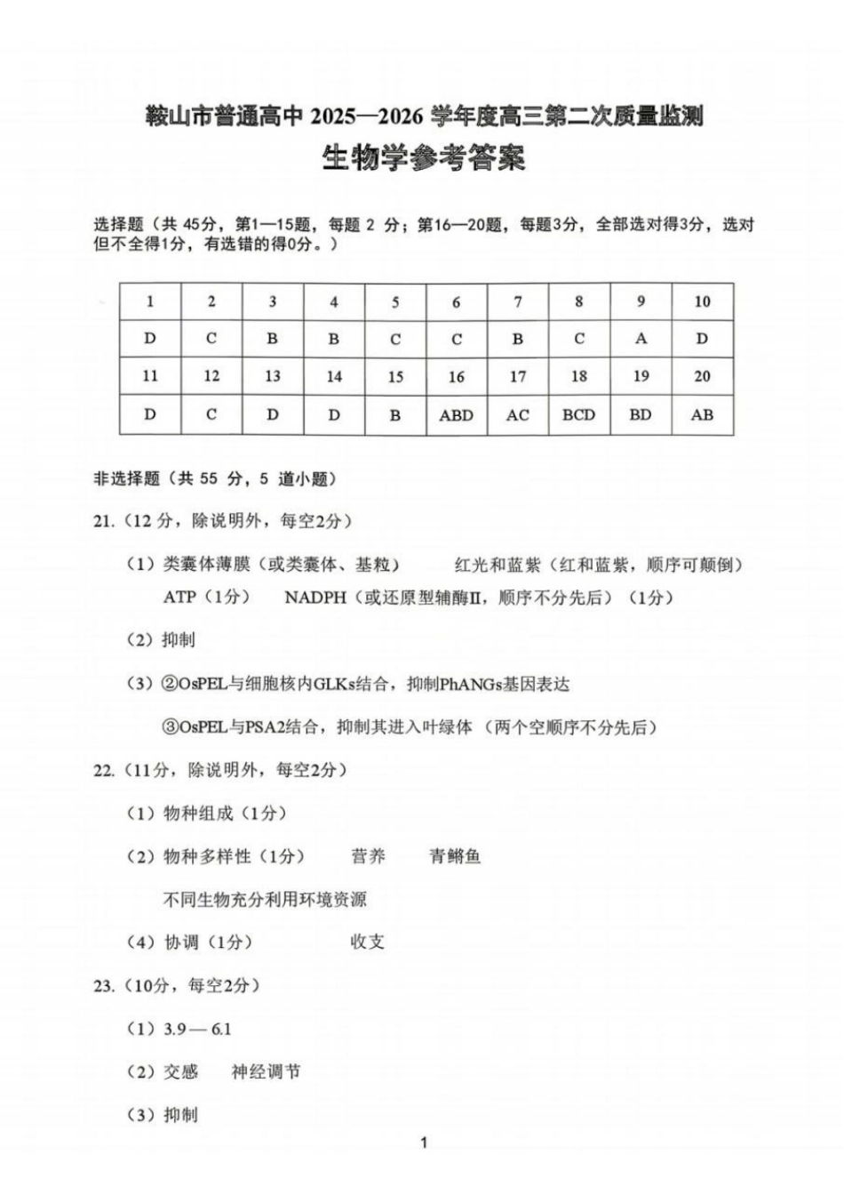 鞍山市普通高中2025-2026学年度高三第二次质量监测生物答案.pdf_第1页
