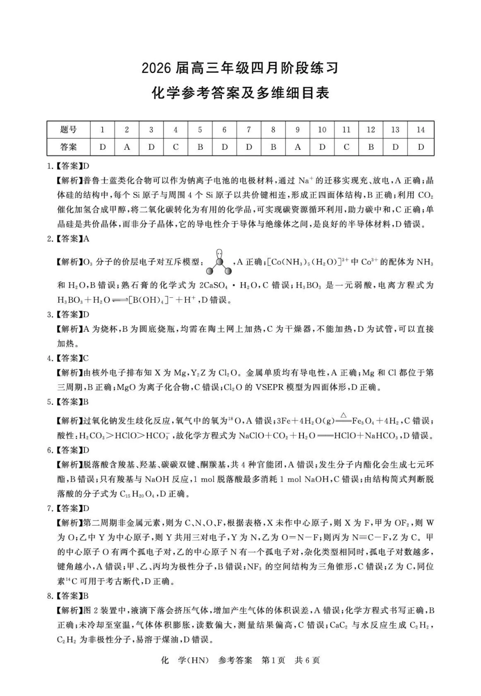 化学(下标HN)答案全国八八校2026届高三年级四月阶段性练习暨第二次质量检测(T8二模)(4.8-4.9).pdf_第1页