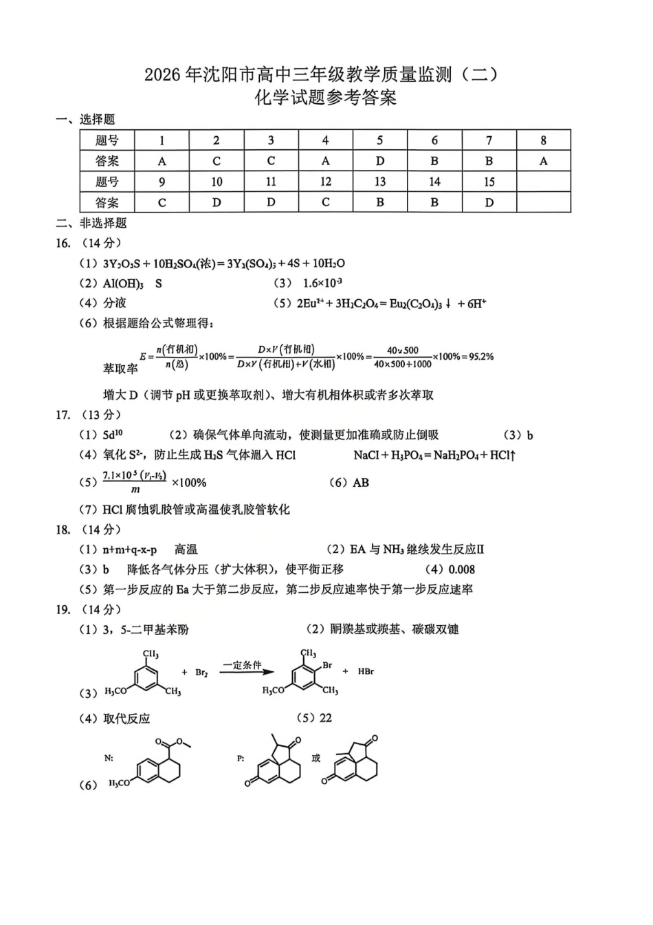 化学答案-2026年沈阳市高中三年级教学质量监测（二）.pdf_第1页