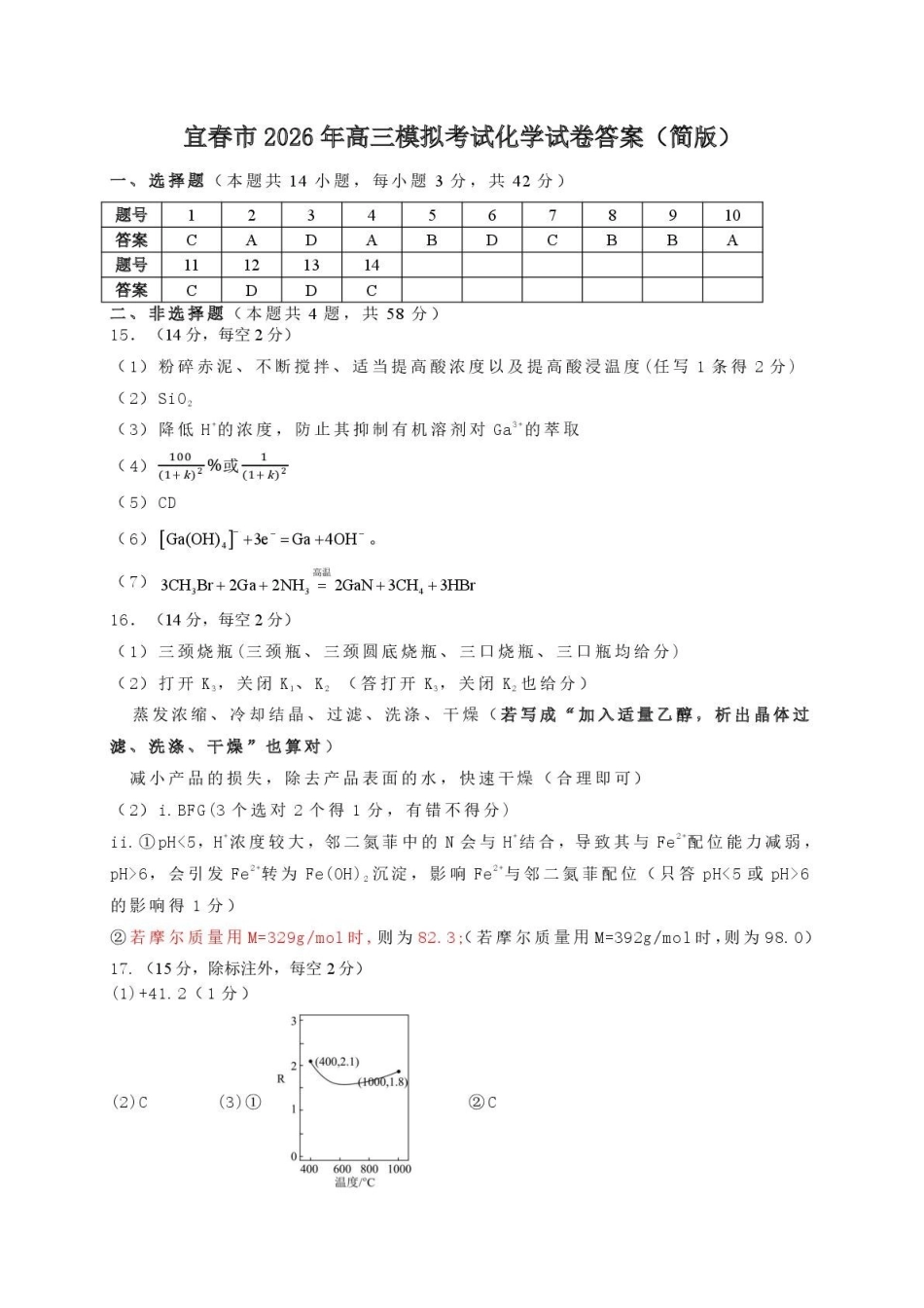 江西宜春市2026届高三模拟考试化学答案.pdf_第1页