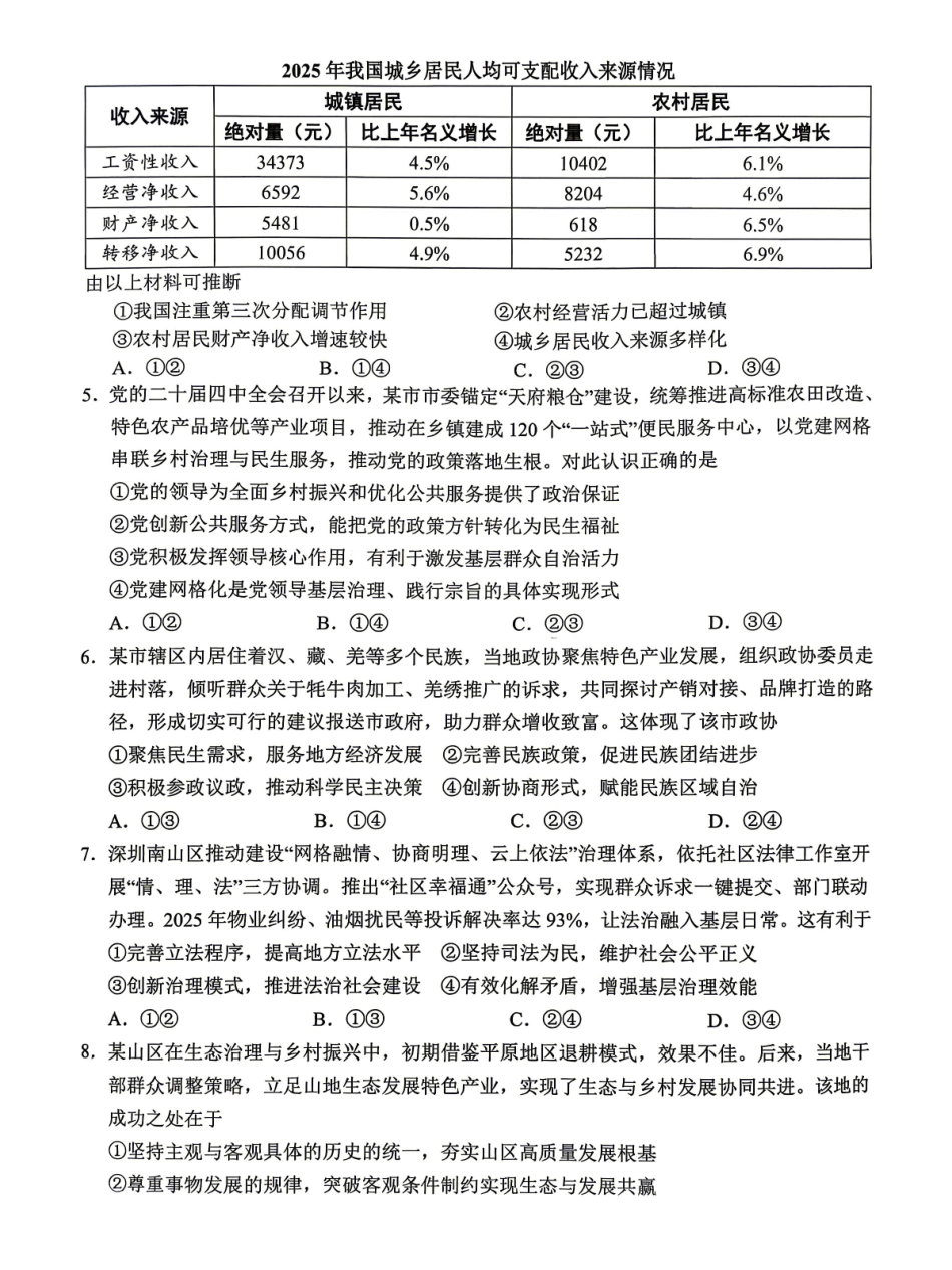眉山市2026届高三第二次模拟测试政治.pdf_第2页