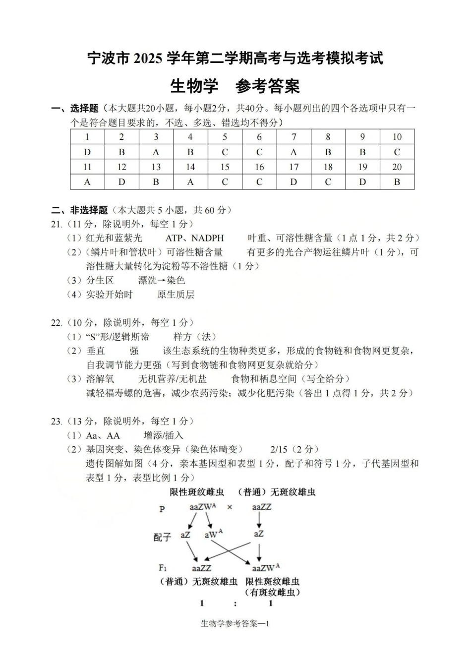 宁波市2025学年第二学期高考模拟考试生物答案.pdf_第1页