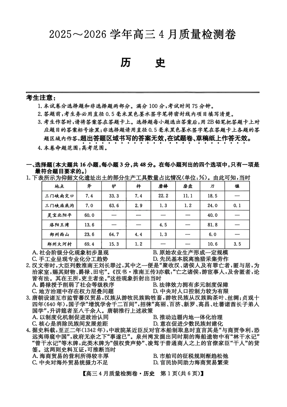 山西卓越联盟2025～2026学年高三4月质量检测卷历史.pdf_第1页