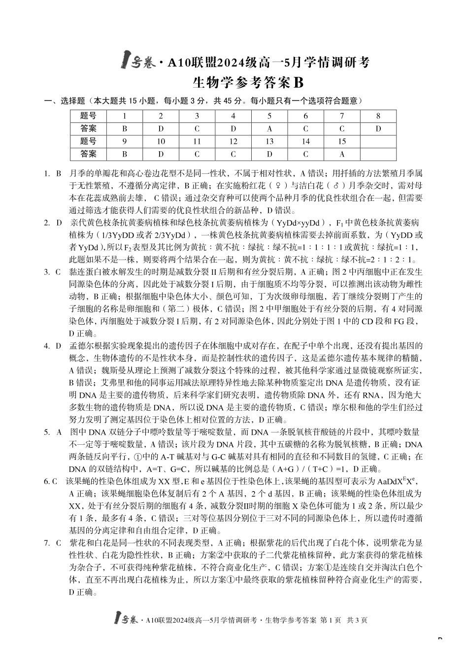 【生物（B卷）DA】1号卷A10联盟2024级高一5月学情调研考.pdf_第1页