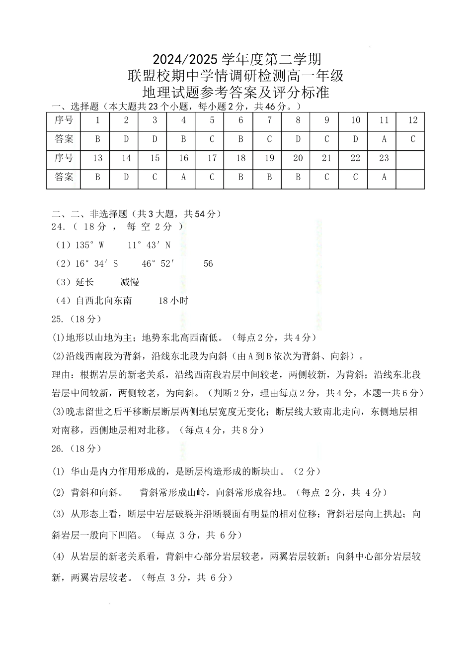 2024-2025第二学期联盟校高一期中考试地理答案及评分标准.docx_第1页