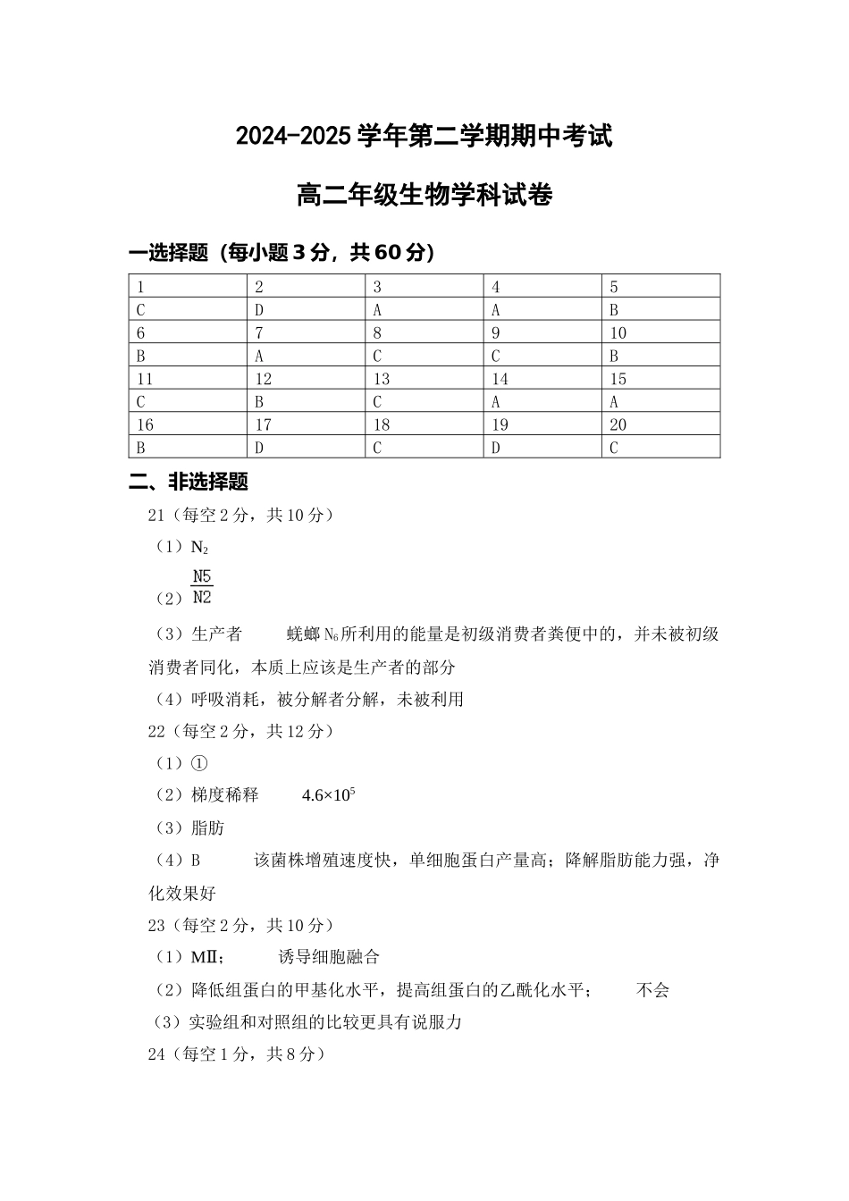 2024-2025学年高二第二学期期中生物学科.docx_第1页