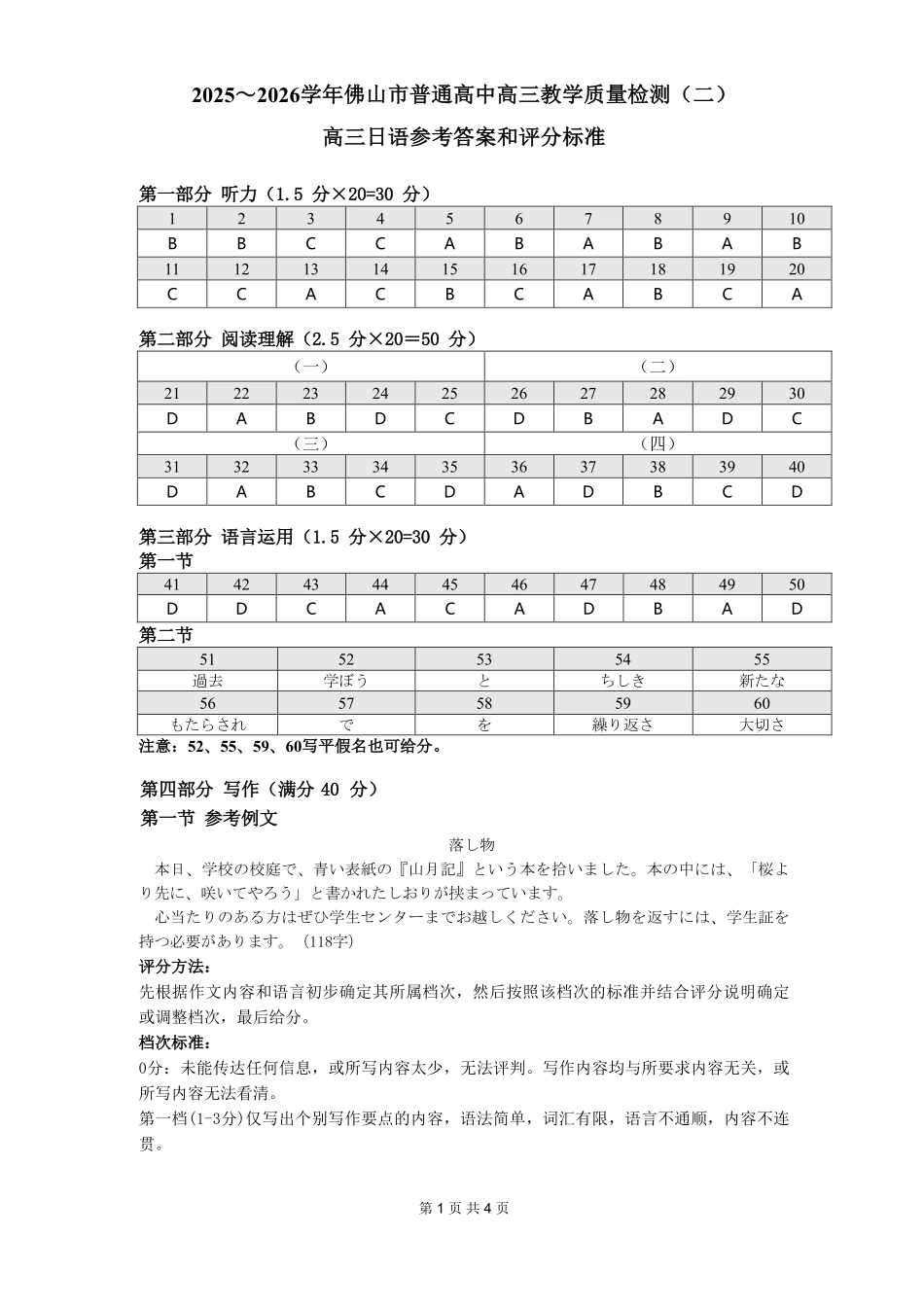 2025~2026学年佛山市普通高中教学质量检测(二)日语答案.pdf_第1页