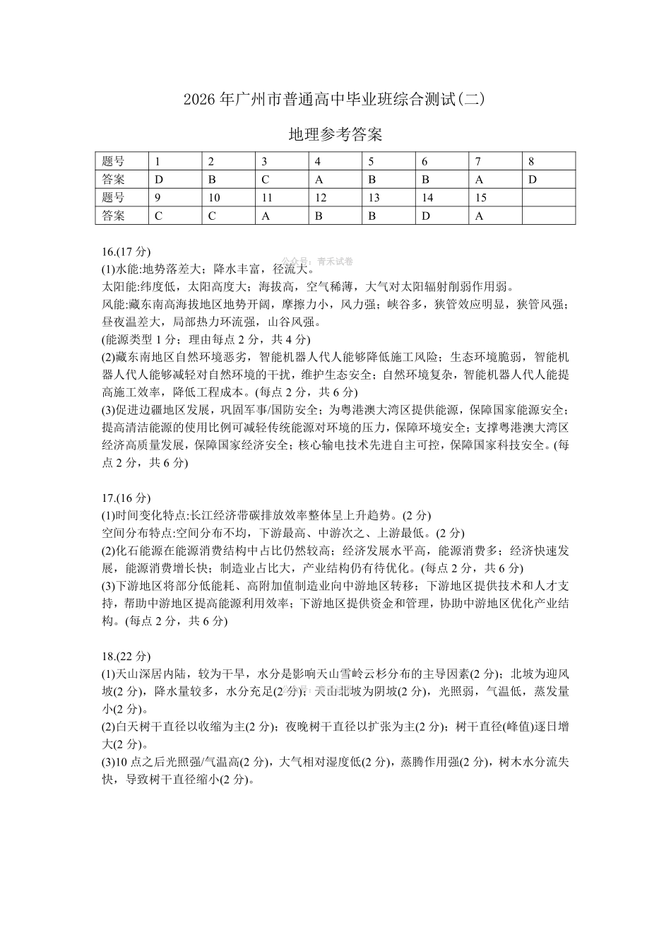 2026年广州市普通高中毕业班综合测试(二)地理答案.pdf_第1页