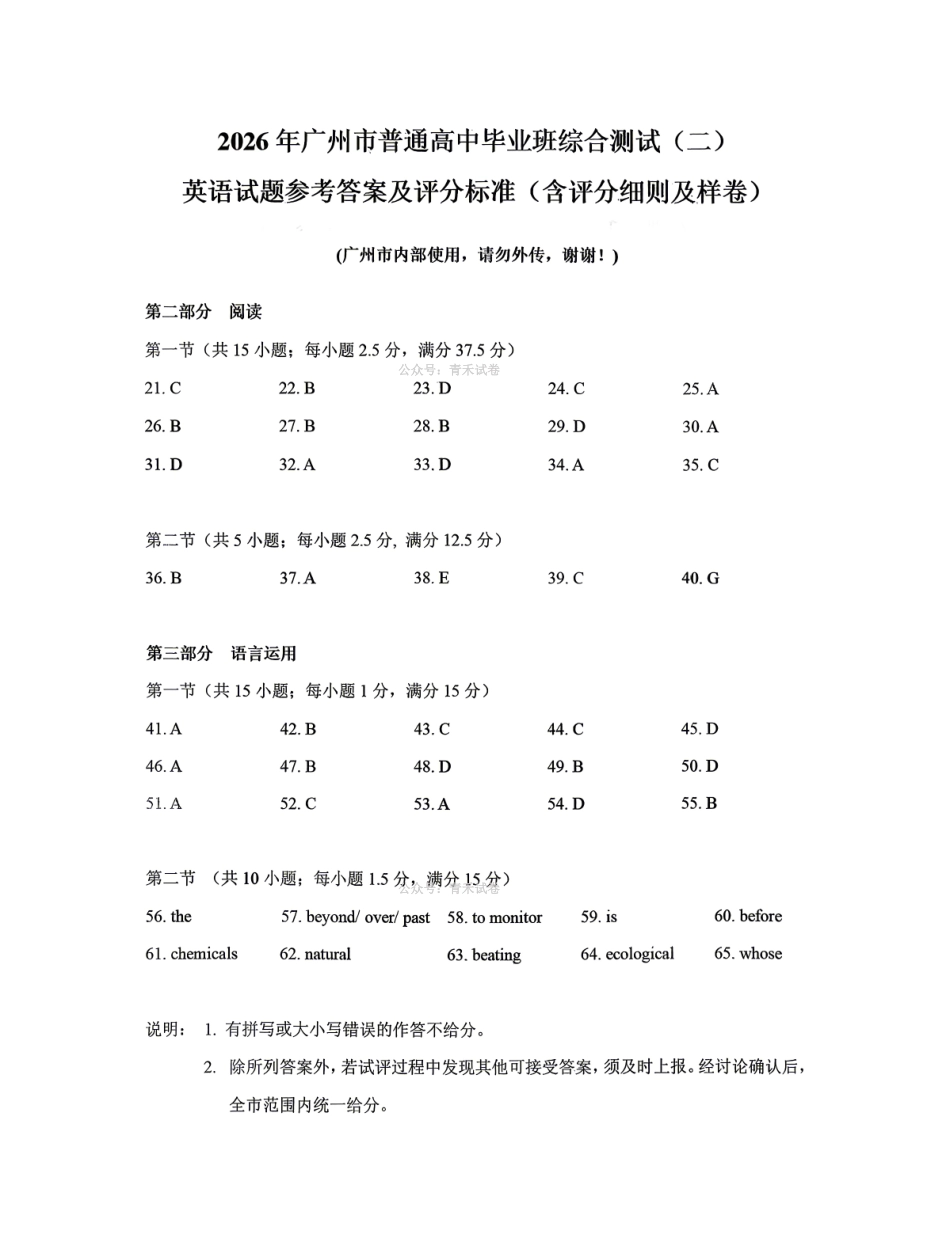 2026年广州市普通高中毕业班综合测试（二）英语答案.pdf_第1页