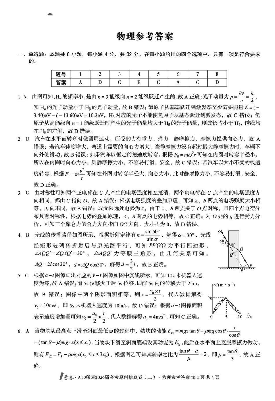 安徽高考1号卷A10联盟2026届高考原创信息卷（二）物理答案.pdf_第1页