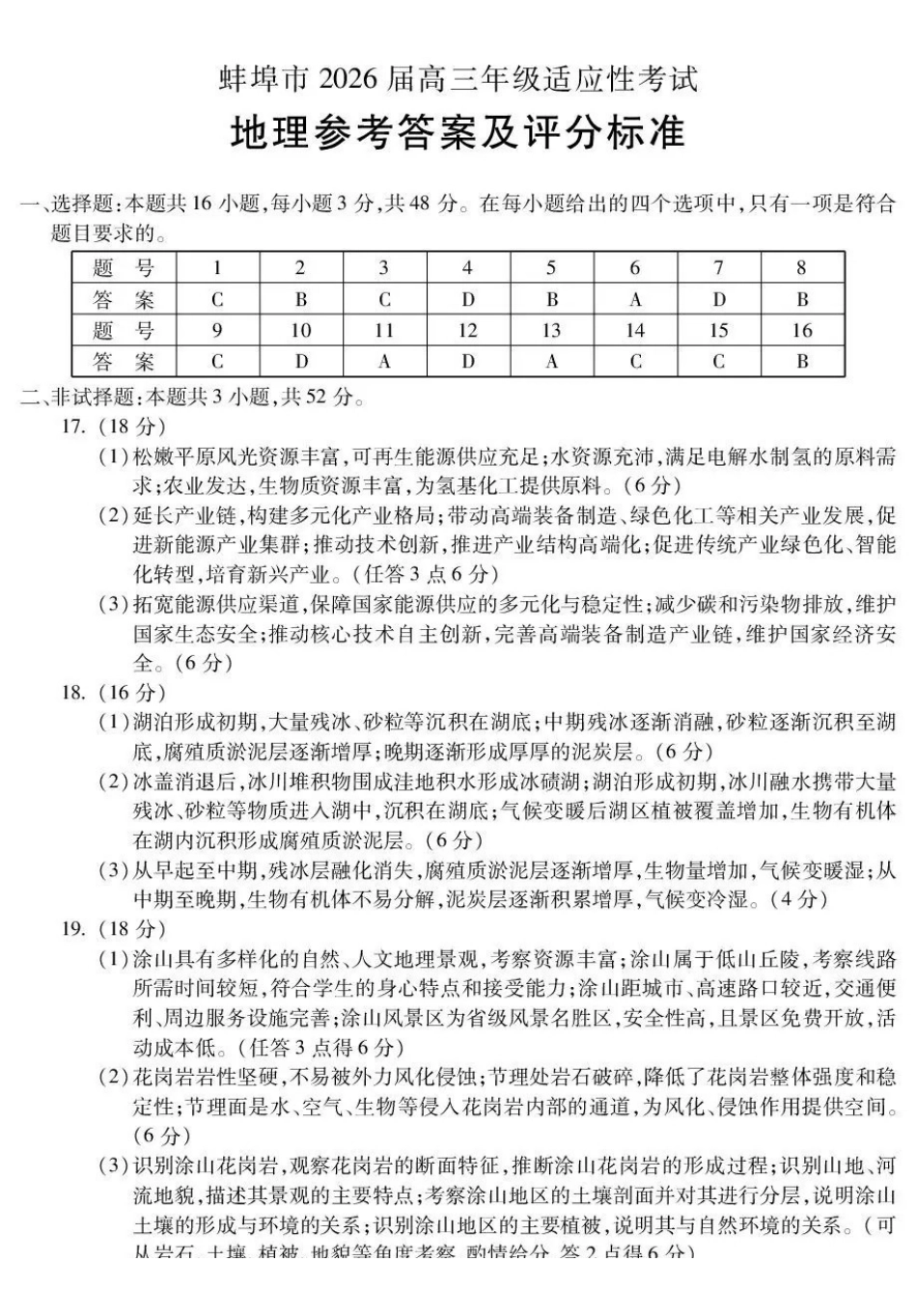 蚌埠市2026届高三年级适应性考试地理答案.pdf_第1页