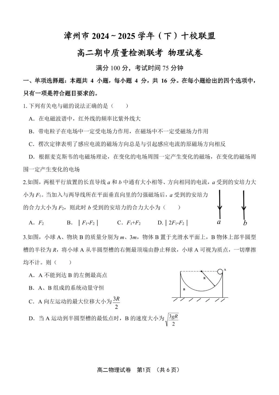 福建漳州市十校联盟2024-2025学年高二下学期期中考试物理含答案_副本.pdf_第1页