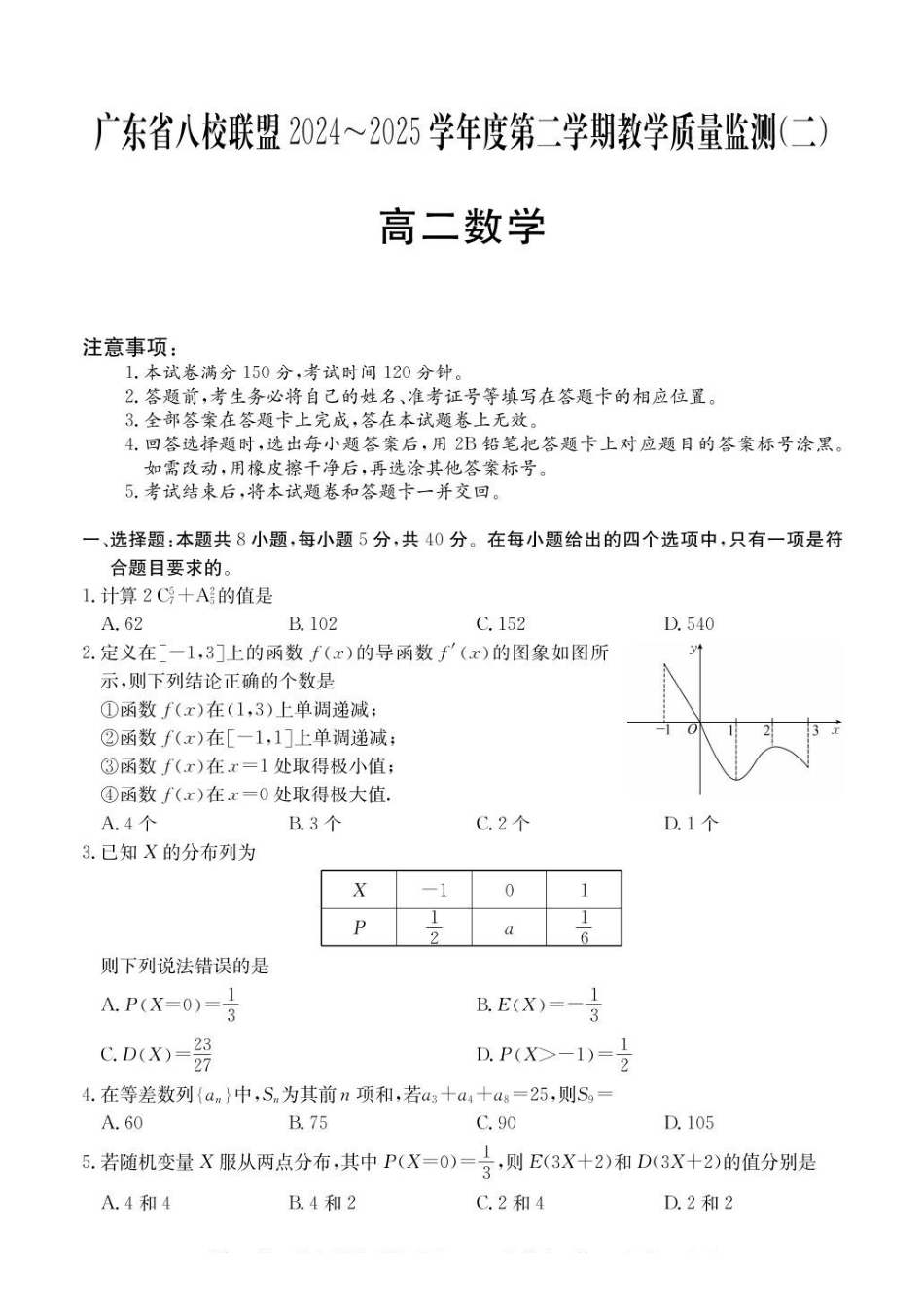 广东八校联盟2024-2025学年高二下学期教学质量监测（二）数学试卷（含详解）_副本.pdf_第1页