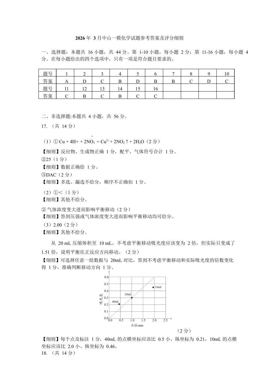 广东中山联考2026届高三模拟测试(一)化学答案.docx_第1页