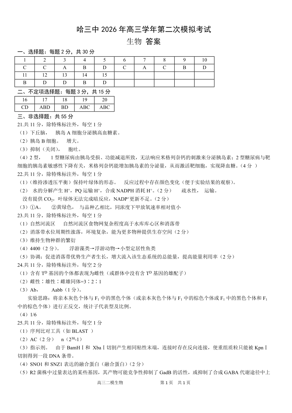 哈三中2026年高三学年第二次模拟考试生物答案_副本.pdf_第1页
