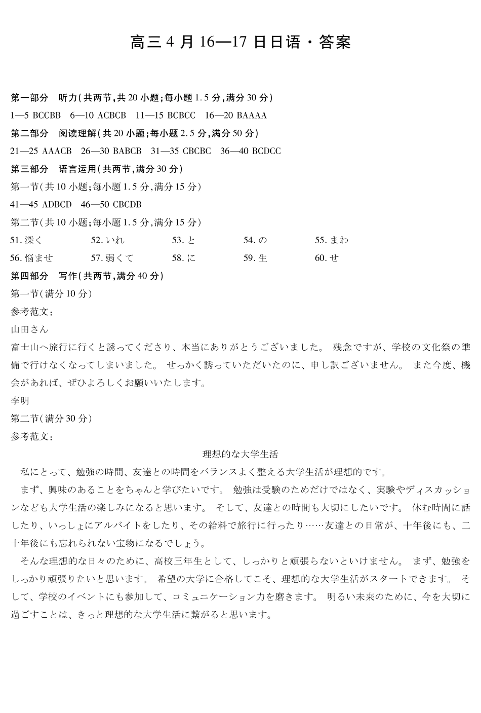 合肥市第六中学等学校2026届高三4月16—17日联考日语答案.pdf_第1页