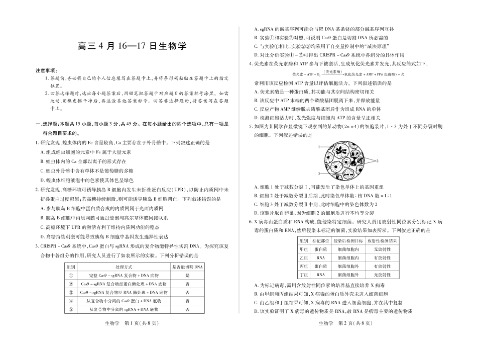 合肥市第六中学等学校2026届高三4月16—17日联考生物.pdf_第1页