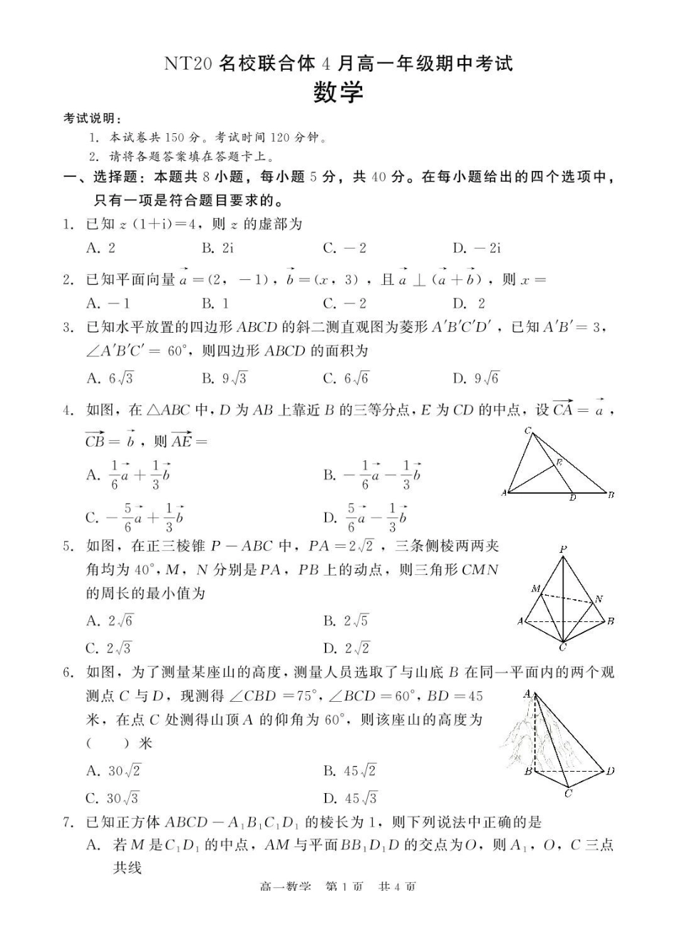 河北NT20名校联合体2024-2025学年高一下学期4月期中考试数学含解析_副本.pdf_第1页