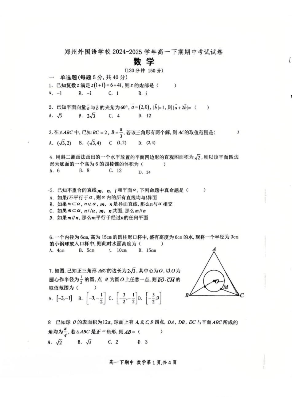 河南郑州外国语学校2024-2025学年高一下学期期中考试数学试卷.pdf_第1页