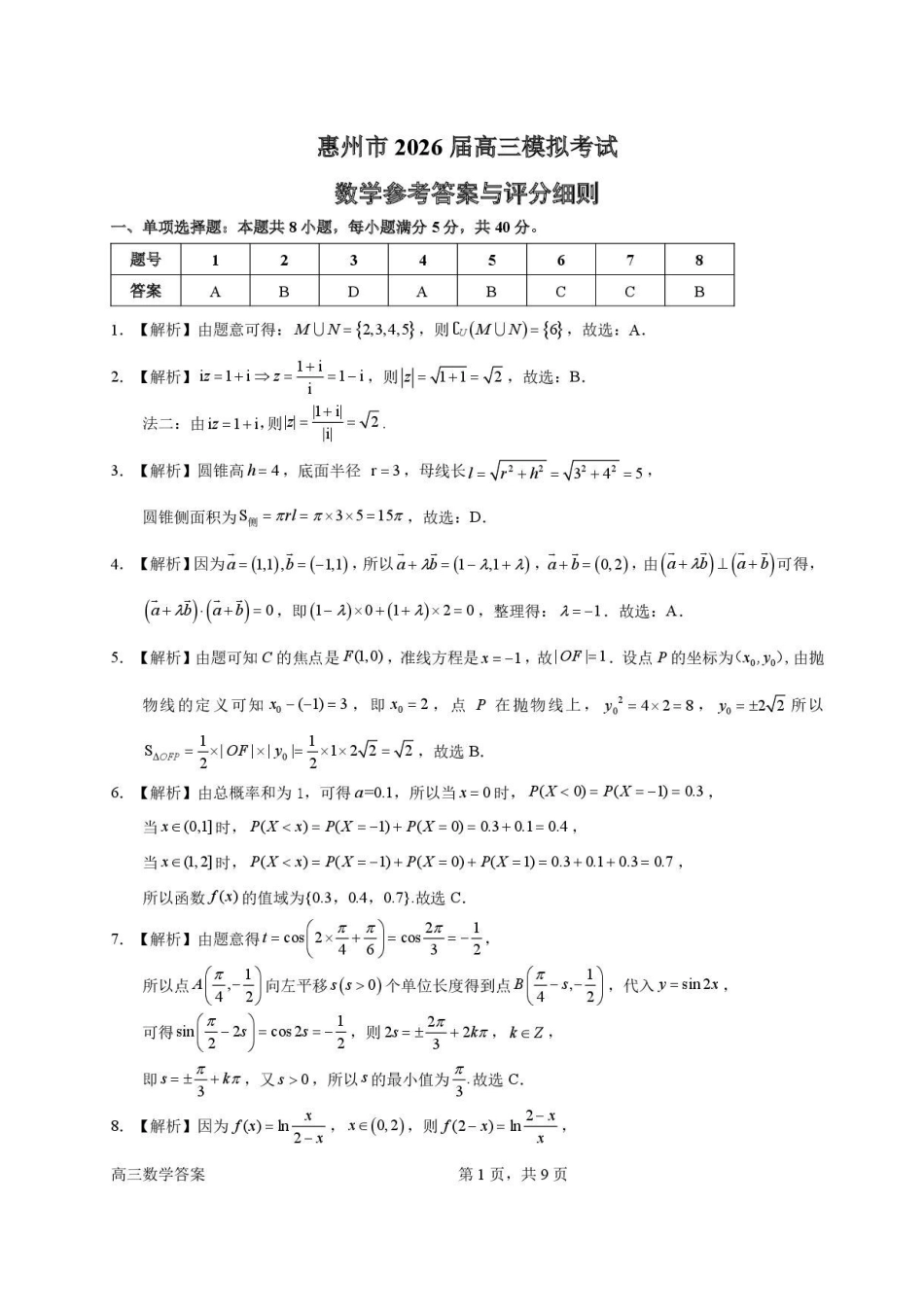 惠州市、韶关市2026届高三下学期4月模拟考试数学答案.pdf_第1页