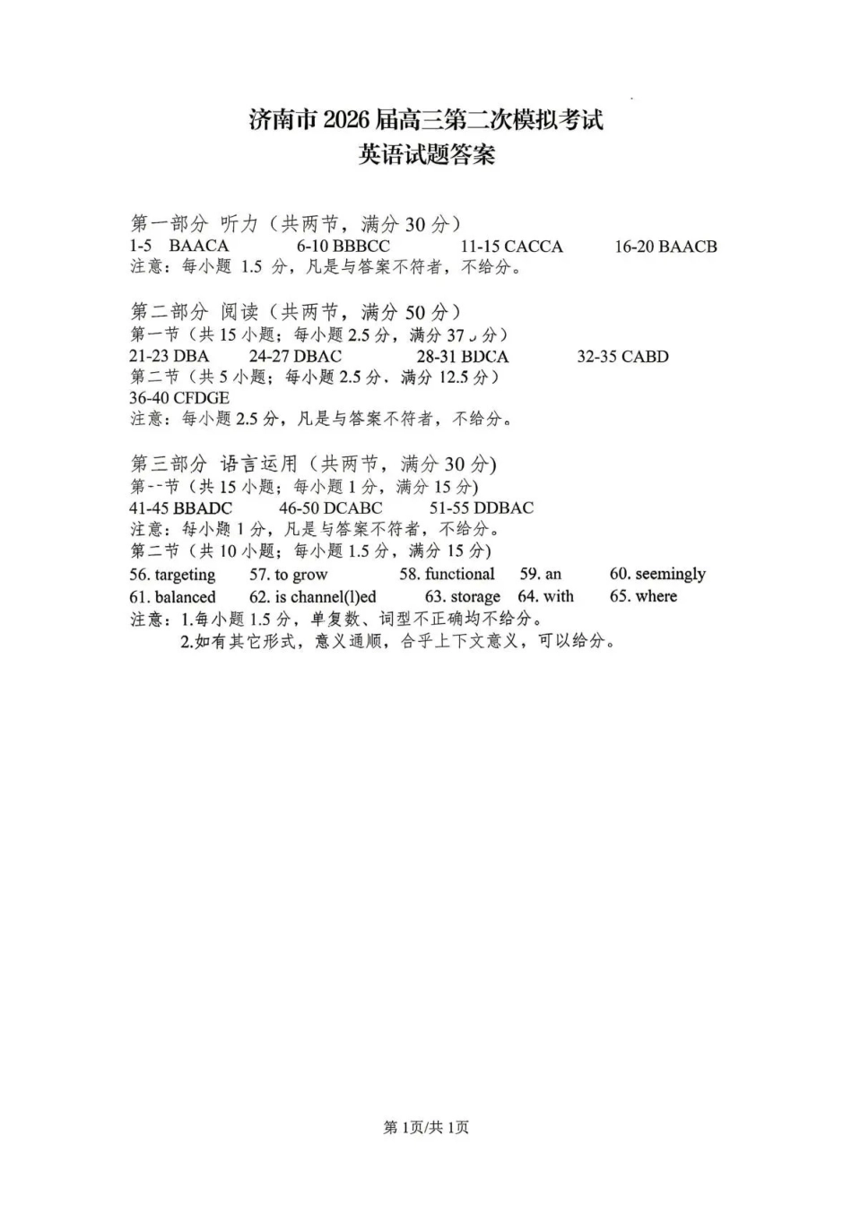 济南市2026届高三第二次模拟考试英语答案.pdf_第1页
