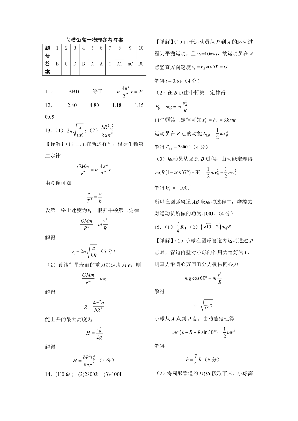 江西上饶市弋、铅、横联考2024-2025学年高一下学期5月月考物理答案.pdf_第1页
