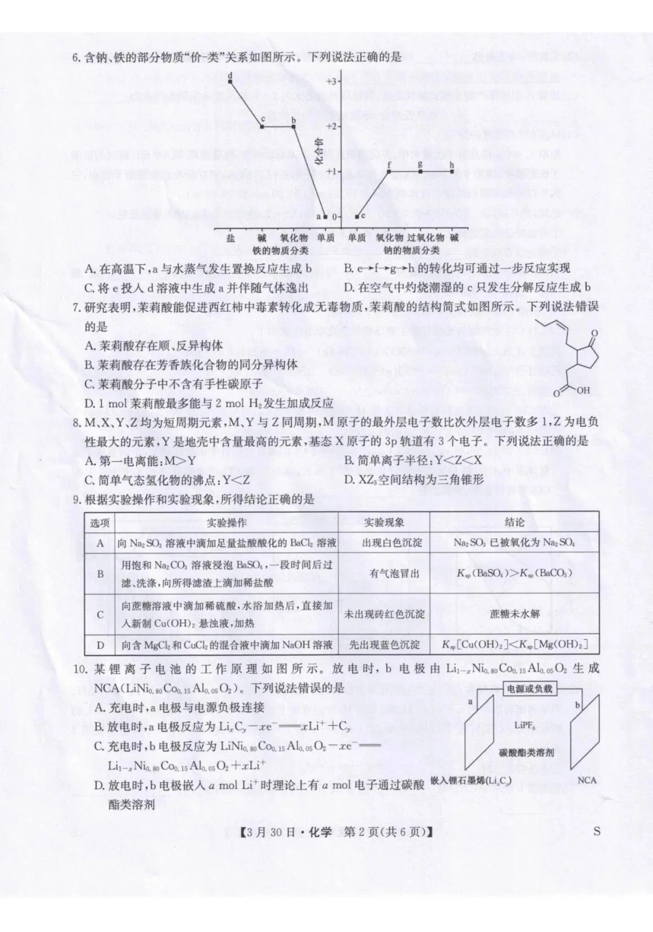 九师联盟2026届高三下学期3月30日质量检测化学_副本.pdf_第2页