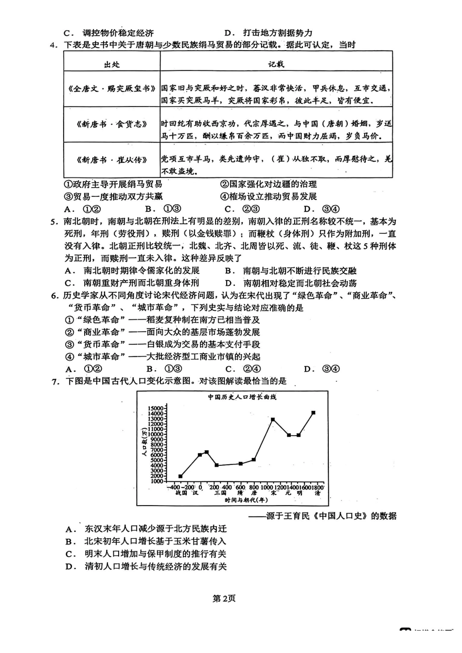 绵阳南山中学高2023级绵阳三诊模拟试题历史+答案.pdf_第2页