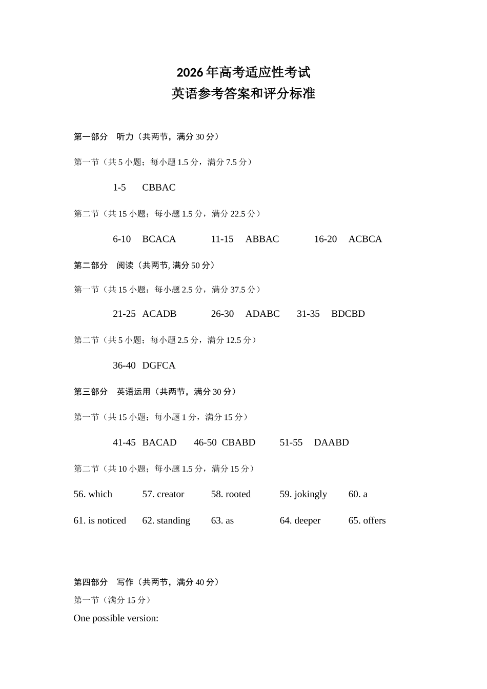 绵阳市2026年高考适应性考试英语答案.docx_第1页