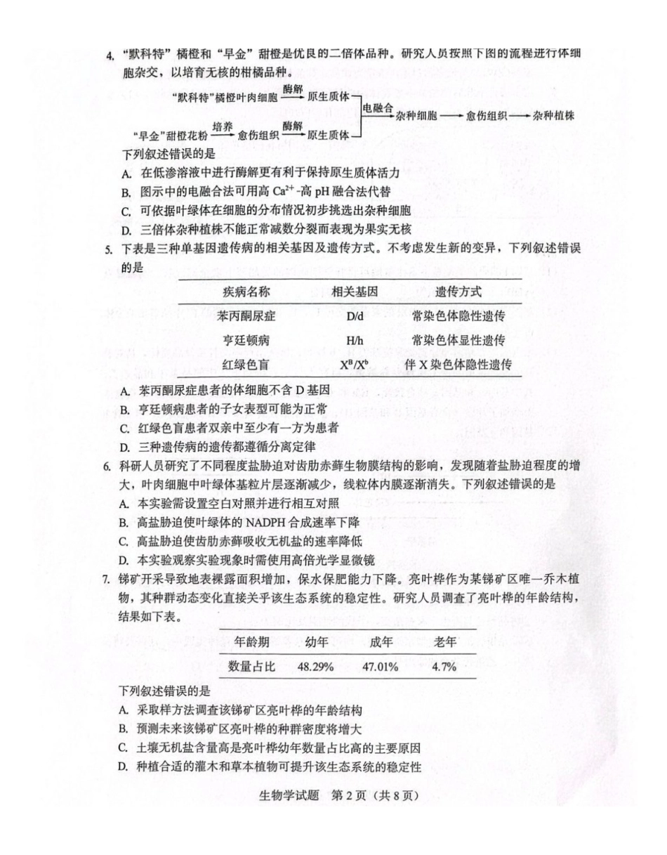 厦门市2026届高中毕业班模拟测试生物_副本.pdf_第2页