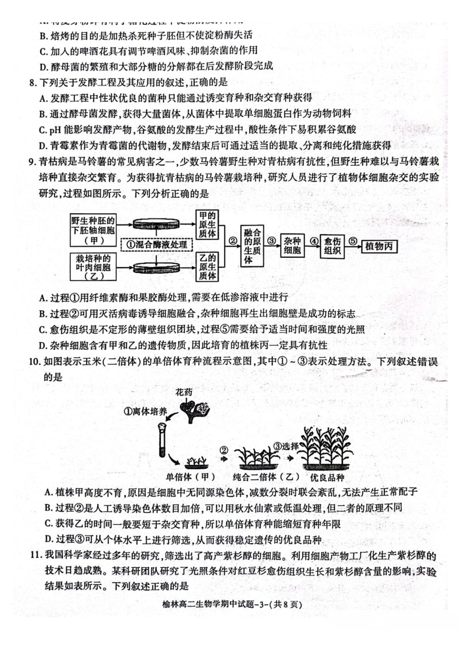 陕西榆林市2024-2025学年高二下学期4月期中考试生物含答案(1)_副本.pdf_第3页