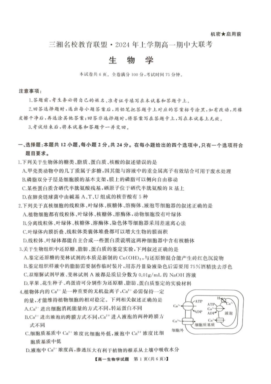 生物-湖南三湘名校教育联盟2024年下学期高一期中大联考_副本.pdf_第1页
