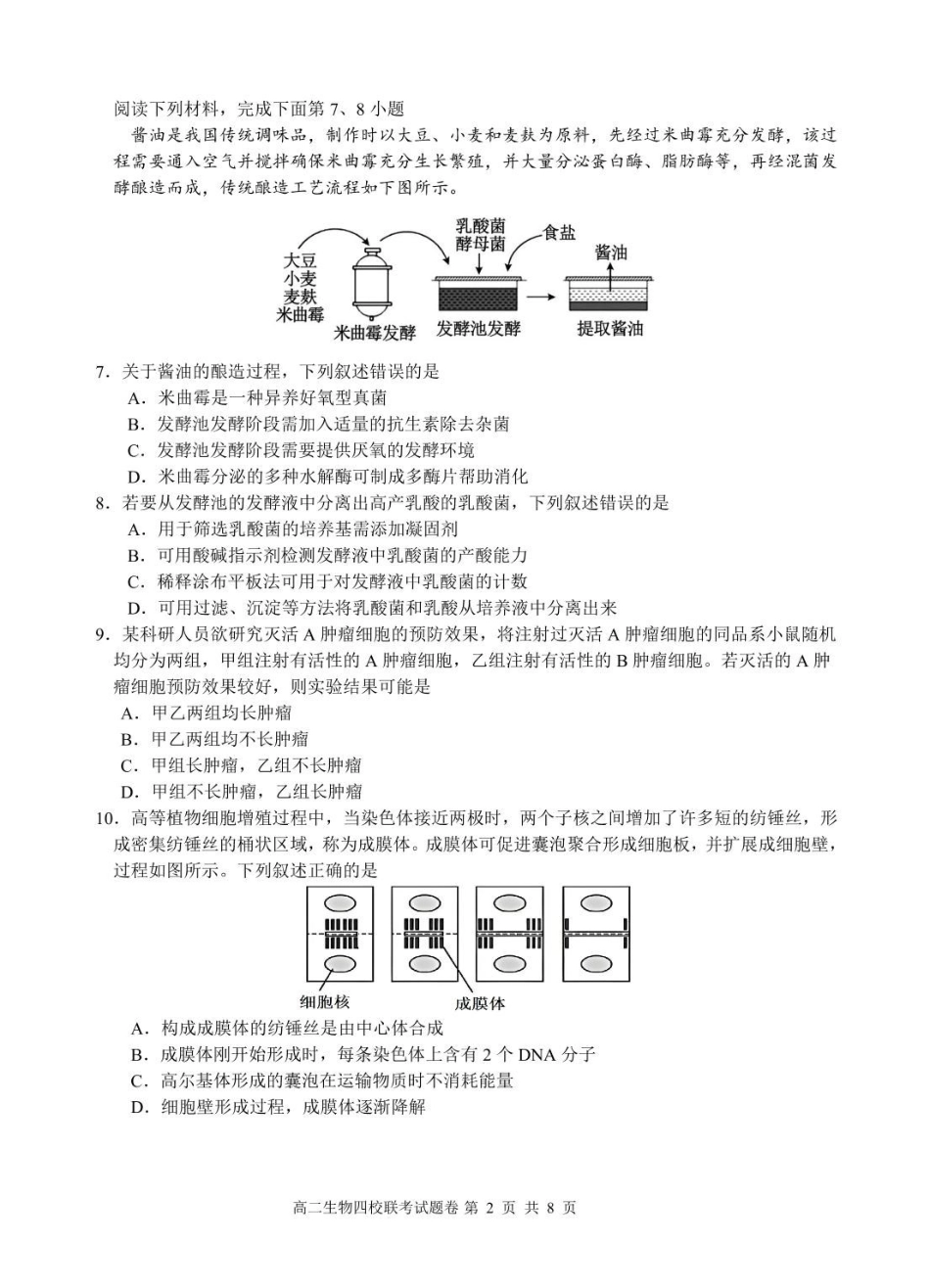 生物-浙江四校联盟2024-2025学年高二下学期3月联考_副本.pdf_第2页