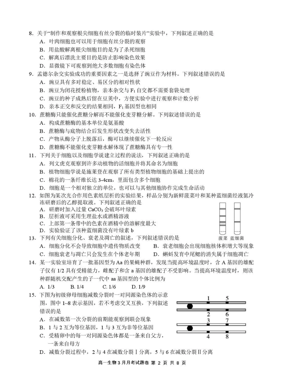 生物-浙江四校联盟2024-2025学年高一下学期3月联考_副本.pdf_第2页