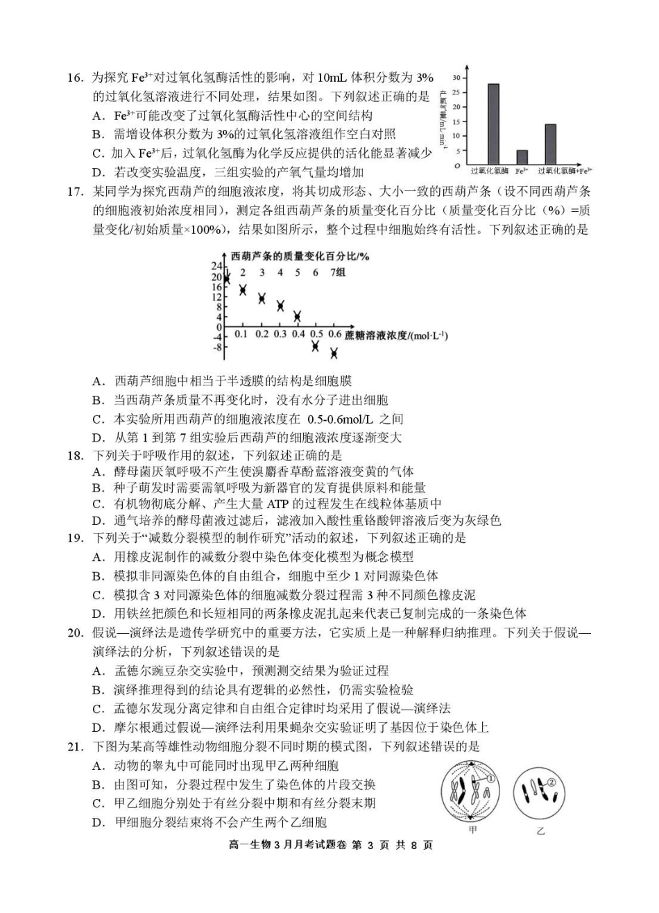 生物-浙江四校联盟2024-2025学年高一下学期3月联考_副本.pdf_第3页