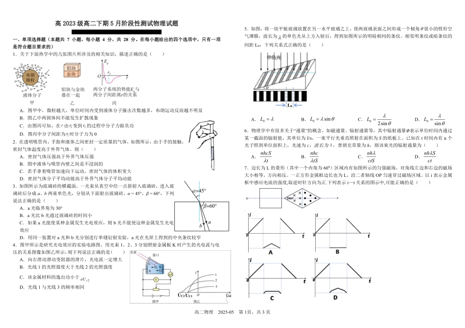 四川成都市树德中学2024-2025学年高二下学期5月月考试题物理（含答案）_副本.pdf_第1页