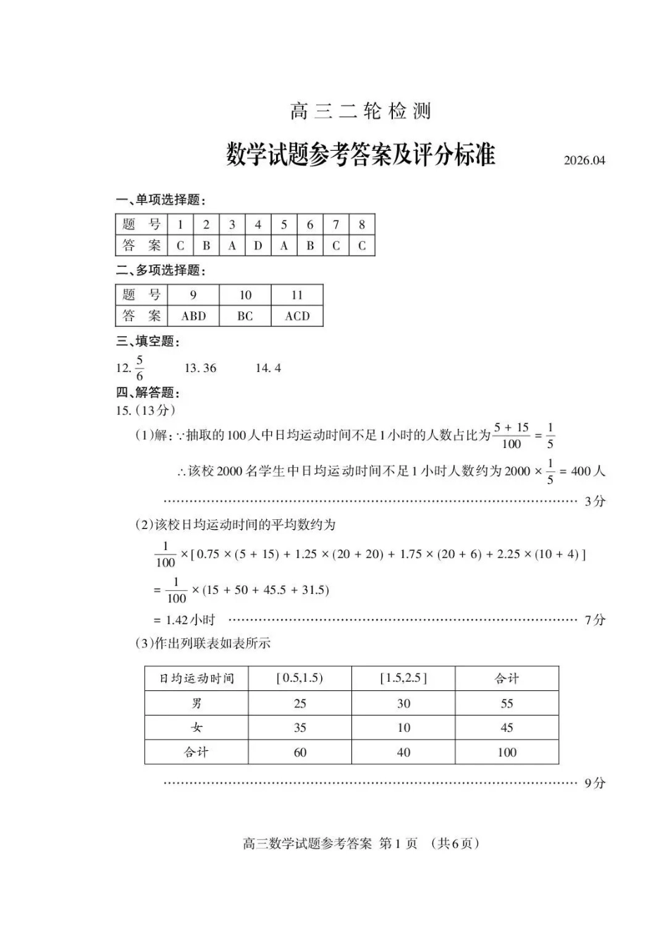 泰安市2026年高三二轮检测数学答案.pdf_第1页