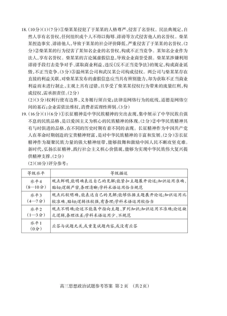 泰安市2026年高三二轮检测政治答案.pdf_第2页