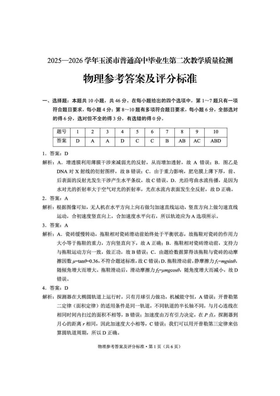 物理云南玉溪市2025一2026学年普通高中毕业生高三年级第二次教学质量检测(玉溪二模)（4.13-4.15）(1).pdf_第1页