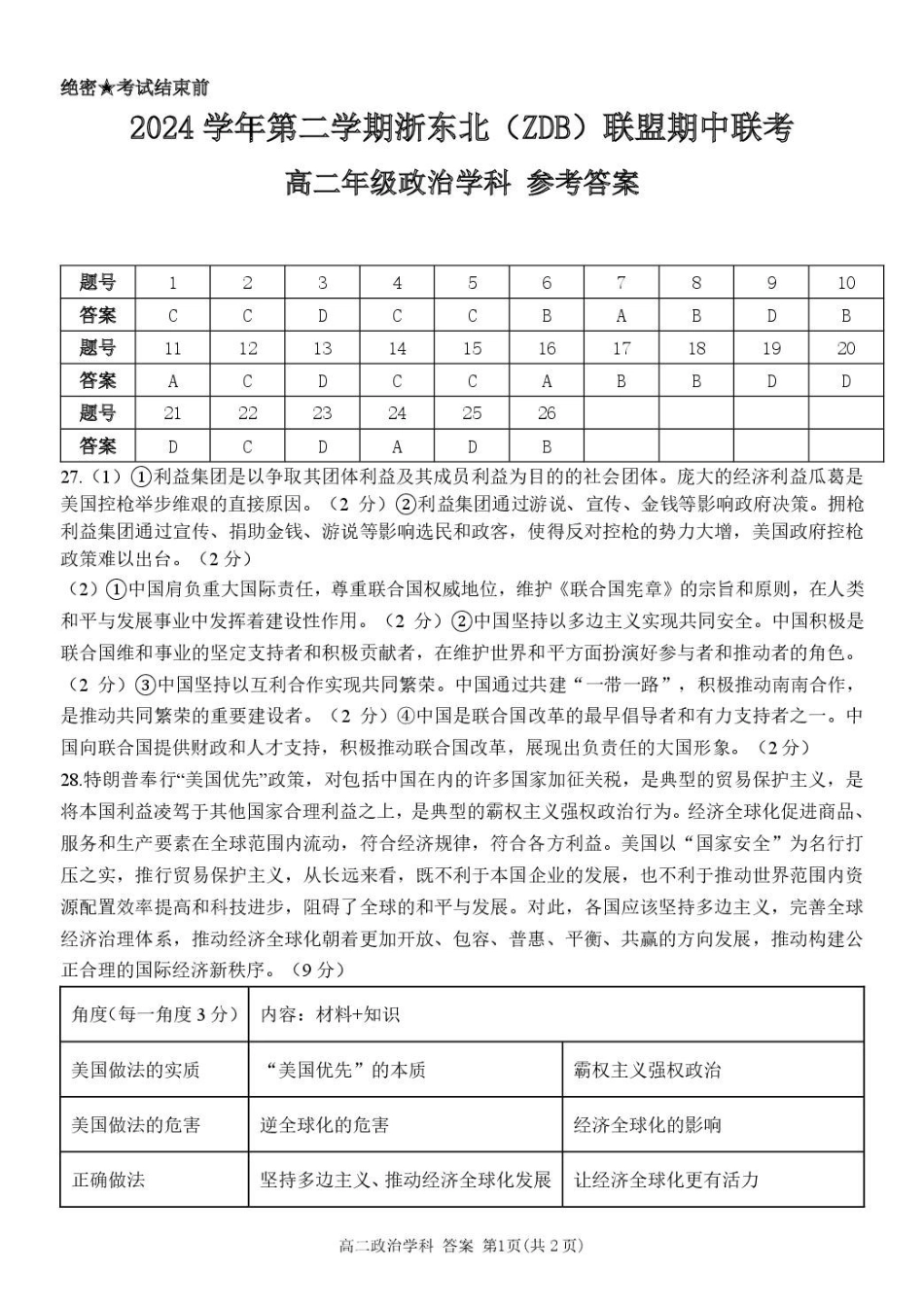 浙江浙东北县域名校发展联盟（ZDB）2024-2025学年高二下学期4月期中政治答案.pdf_第1页