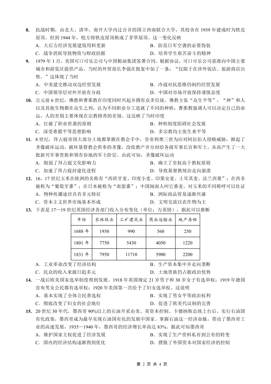重庆八中高2026届4月强化训练（二）历史.pdf_第2页